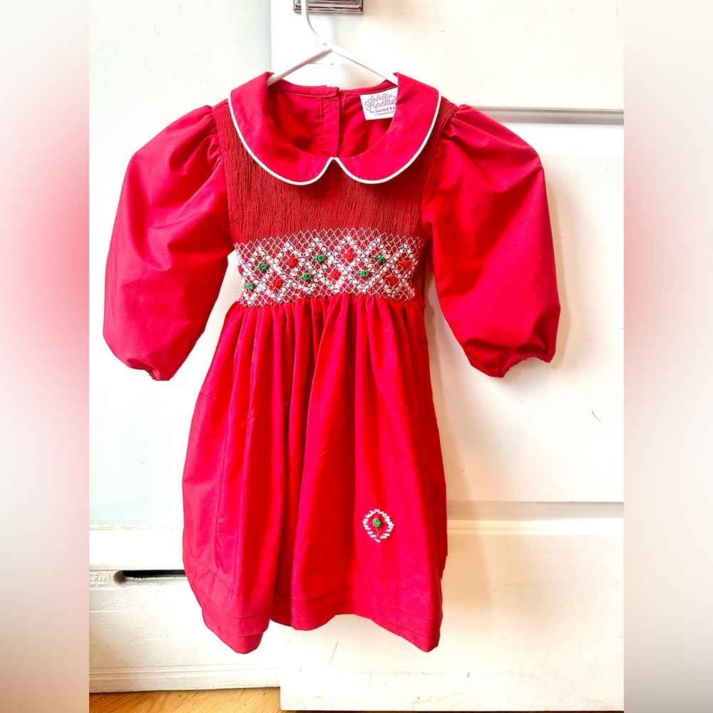Classic Christmas Smocked Red Christmas Dress with peter pan collar